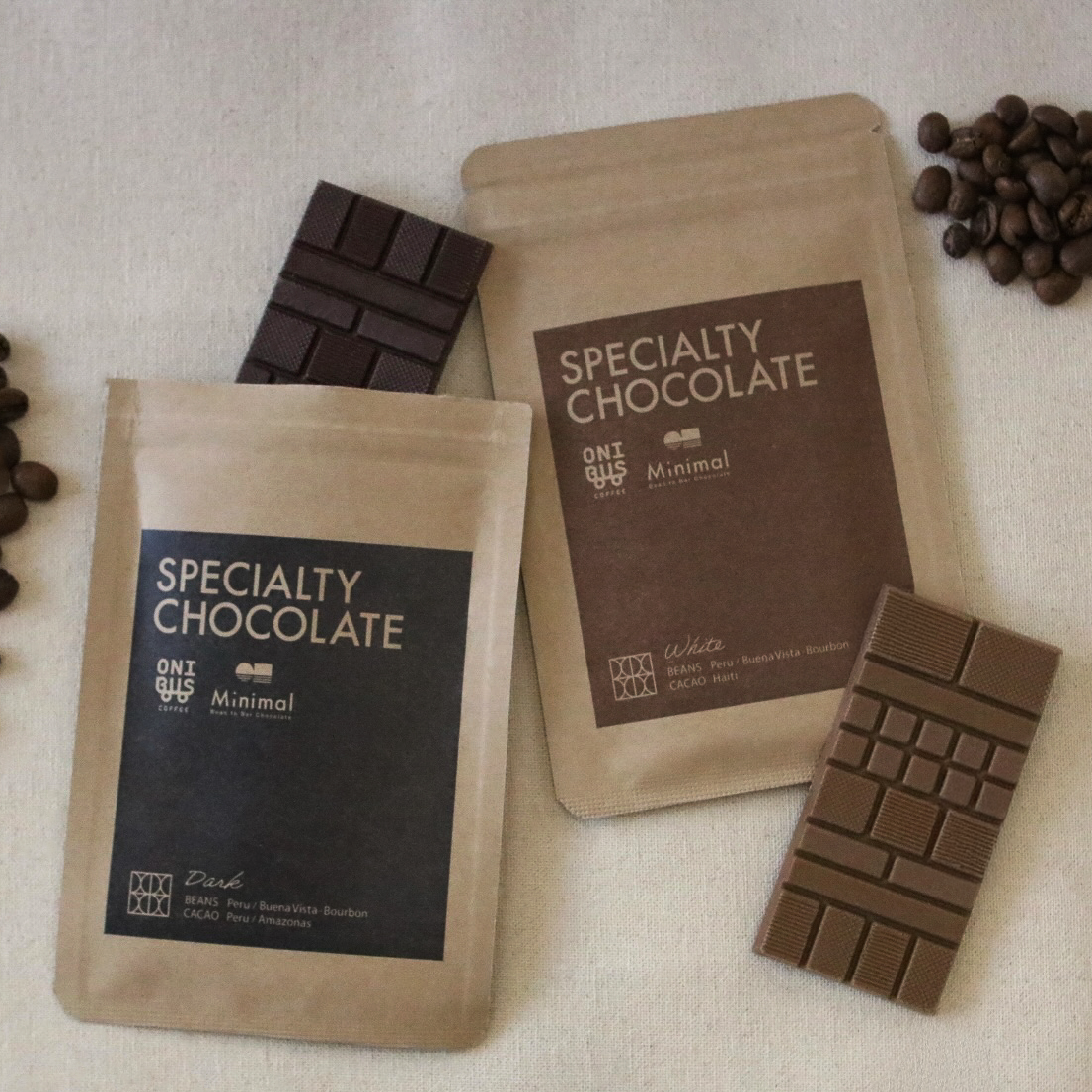 ミニマルとオニバスのコラボレーション スペシャリティチョコレート ダークとホワイトの2種類 コーヒーと合わせて、おやつプチギフトにもおすすめ